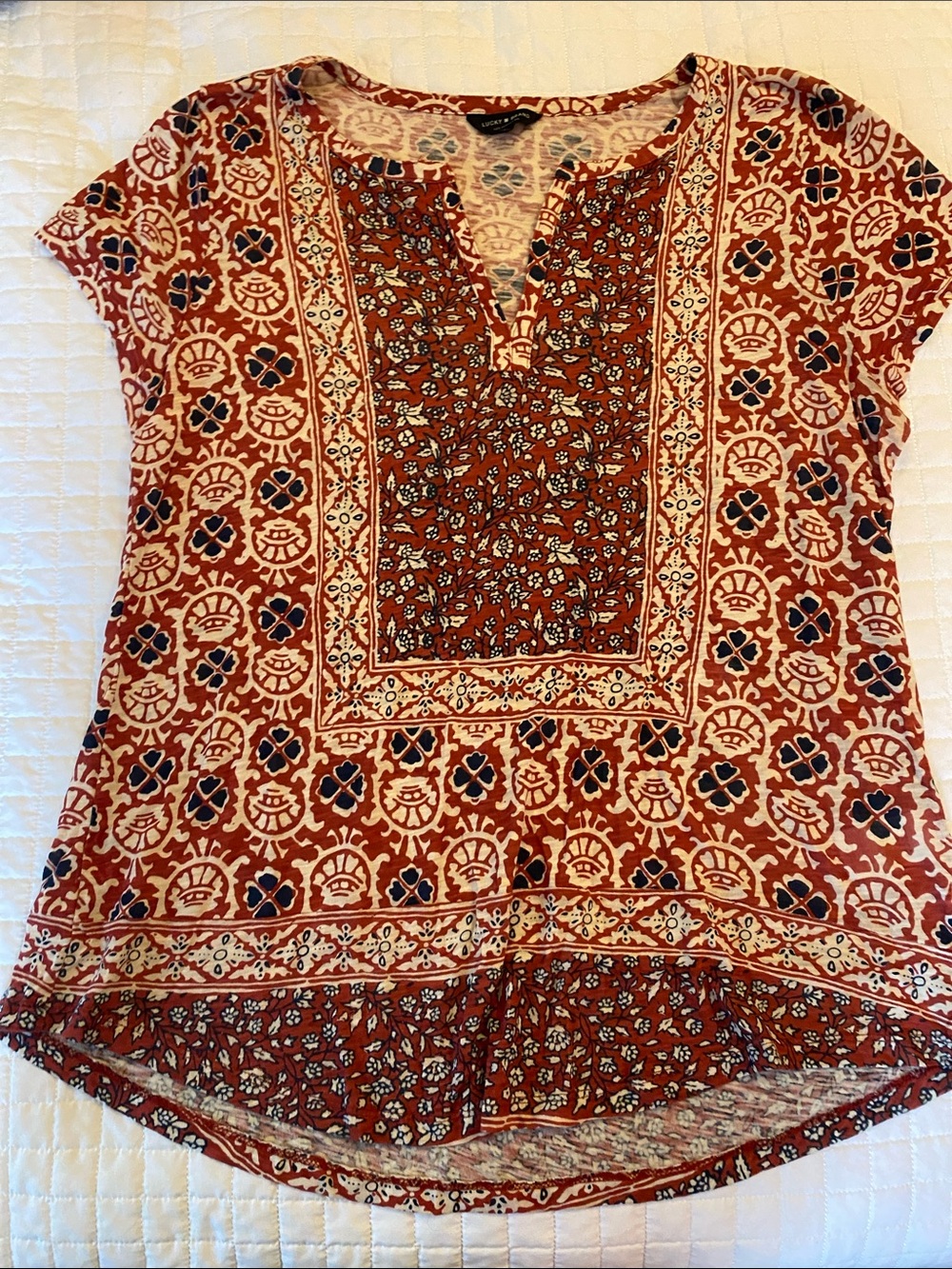 Lucky Brand Rust Floral Print Short Sleeve Tunic with Navy Accents